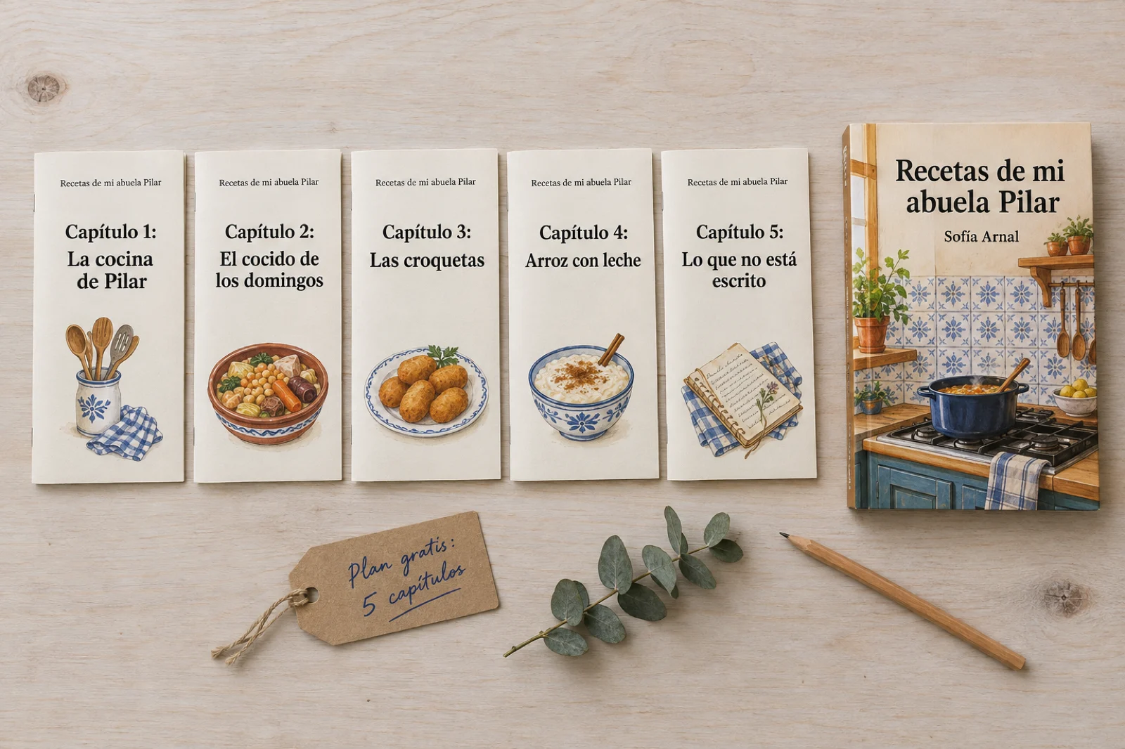 Cinco cuadernillos impresos con los capítulos 1 a 5 de 'Recetas de mi abuela Pilar', el libro completo con su portada al lado y una etiqueta escrita a mano que dice 'Plan gratis: 5 capítulos'
