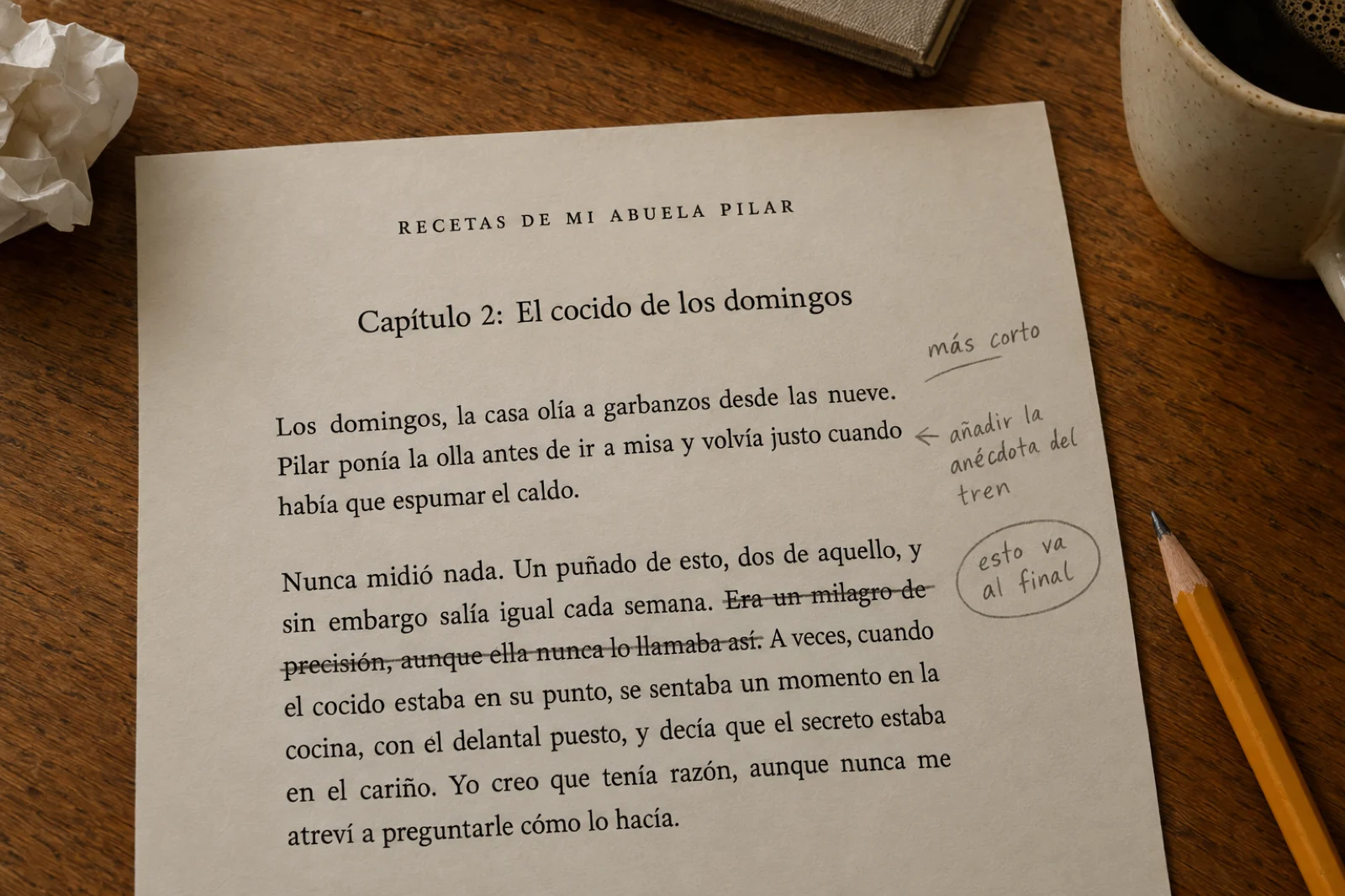 Página del manuscrito 'Recetas de mi abuela Pilar', capítulo 2 'El cocido de los domingos', con una frase tachada a lápiz y notas al margen: 'más corto', 'añadir la anécdota del tren', 'esto va al final'