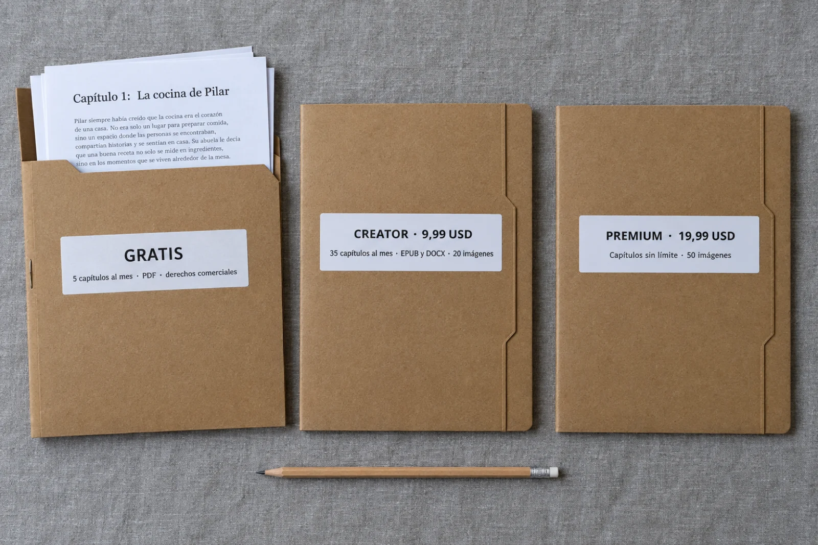 Tres carpetas kraft con etiquetas de plan: 'Gratis, 5 capítulos al mes, PDF, derechos comerciales', 'Creator 9,99 USD, 35 capítulos al mes, EPUB y DOCX, 20 imágenes' y 'Premium 19,99 USD, capítulos sin límite, 50 imágenes'