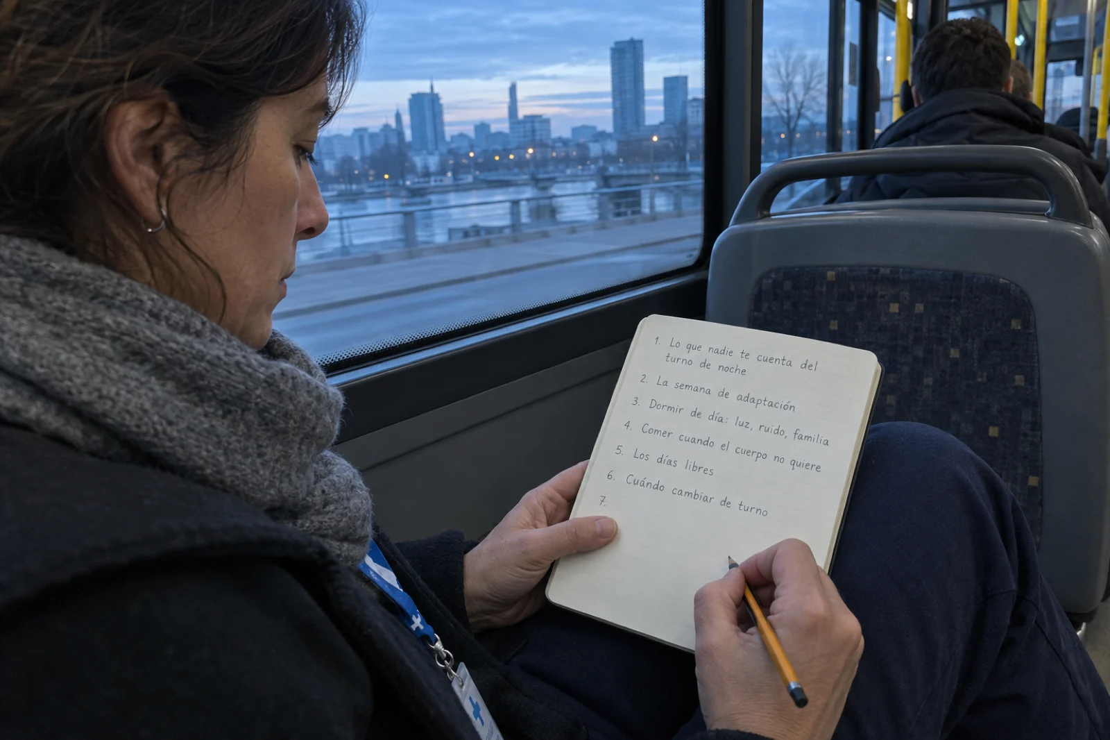 Una mujer sentada junto a la ventana de un autobús urbano escribe en una libreta de bolsillo un índice numerado legible: '1. Lo que nadie te cuenta del turno de noche', '2. La semana de adaptación', '3. Dormir de día: luz, ruido, familia', '4. Comer cuando el cuerpo no quiere', '5. Los días libres', '6. Cuándo cambiar de turno', con el 7 en blanco; fuera, la ciudad al amanecer