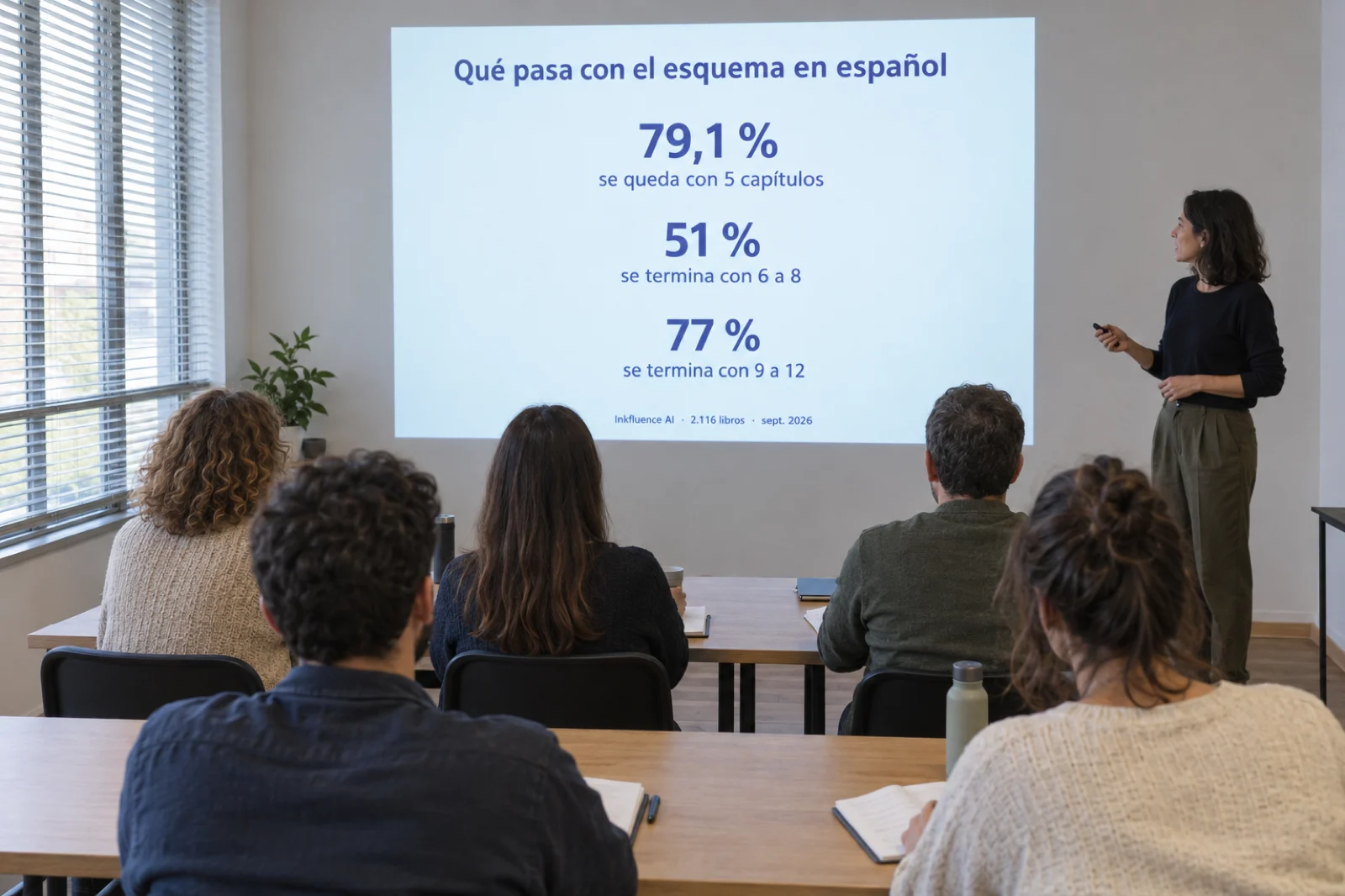 Sala de un taller de escritura con una diapositiva proyectada en la pared, legible: 'Qué pasa con el esquema en español', tres cifras grandes '79,1 % se queda con 5 capítulos', '51 % se termina con 6 a 8' y '77 % con 9 a 12', y debajo 'Inkfluence AI · 2.116 libros · sept. 2026'; varias personas sentadas de espaldas toman notas