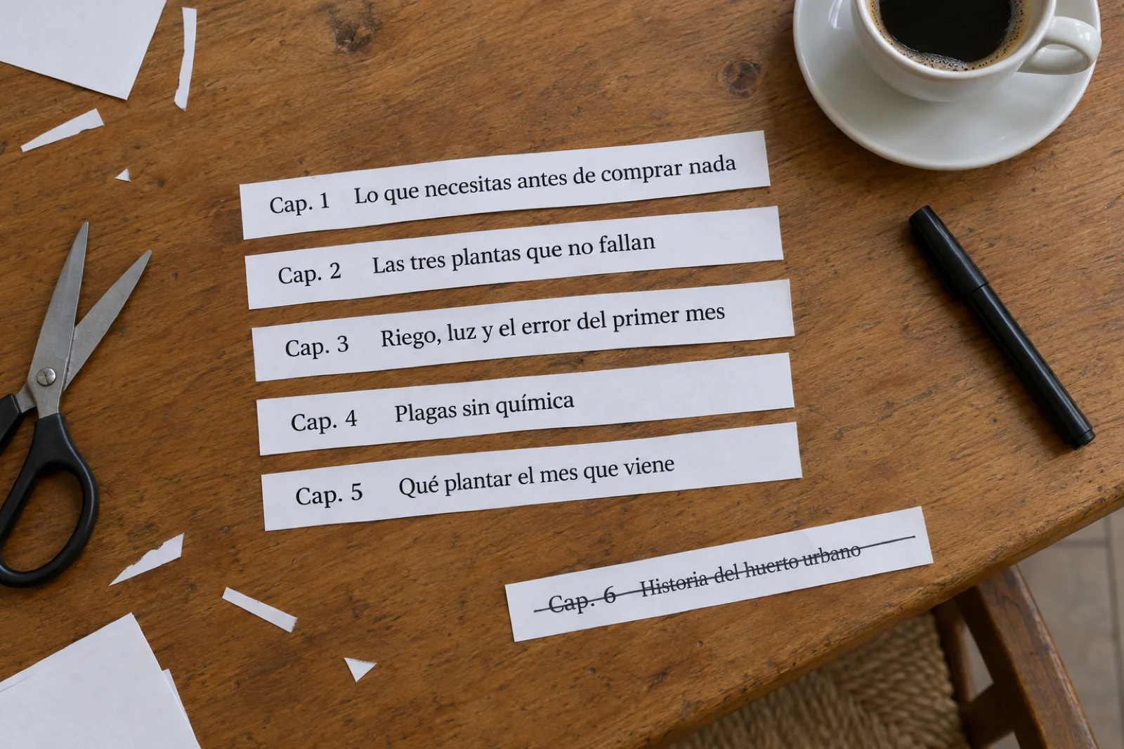 Vista cenital de una mesa de comedor con un índice impreso recortado en tiras, una por capítulo, reordenadas a mano: 'Cap. 1 Lo que necesitas antes de comprar nada', 'Cap. 2 Las tres plantas que no fallan', 'Cap. 3 Riego, luz y el error del primer mes', 'Cap. 4 Plagas sin química', 'Cap. 5 Qué plantar el mes que viene', una tira apartada con 'Cap. 6 Historia del huerto urbano' tachada, unas tijeras y un rotulador