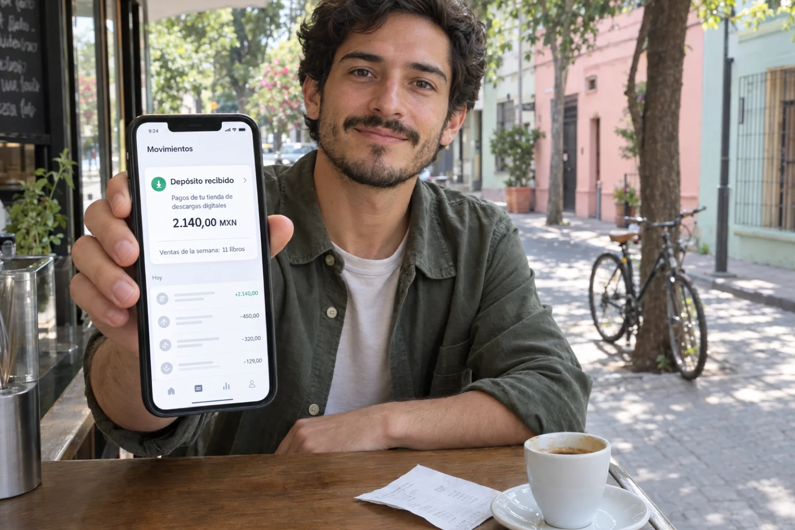 Hombre en un café de la colonia Roma, Ciudad de México, muestra un móvil con la app del banco en español: Depósito recibido, Pagos de tu tienda de descargas digitales, 2.140,00 MXN, Ventas de la semana: 11 libros.