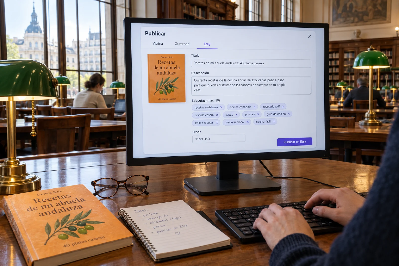 Monitor en una sala de lectura de Madrid con el diálogo Publicar de Inkfluence en español, pestaña Etsy: portada naranja de Recetas de mi abuela andaluza, título, descripción, diez etiquetas como recetas andaluzas y cocina española, precio 11,99 y el botón Publicar en Etsy.