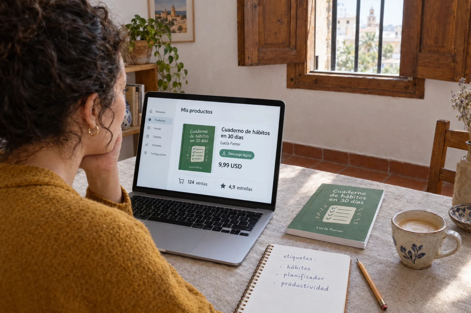 Mujer en un estudio en Valencia con un portátil que muestra su tienda de descargas digitales en español: portada verde del ebook Cuaderno de hábitos en 30 días, precio 9,99 USD, etiqueta Descarga digital y 124 ventas; al lado, el libro impreso y un cuaderno con etiquetas anotadas.
