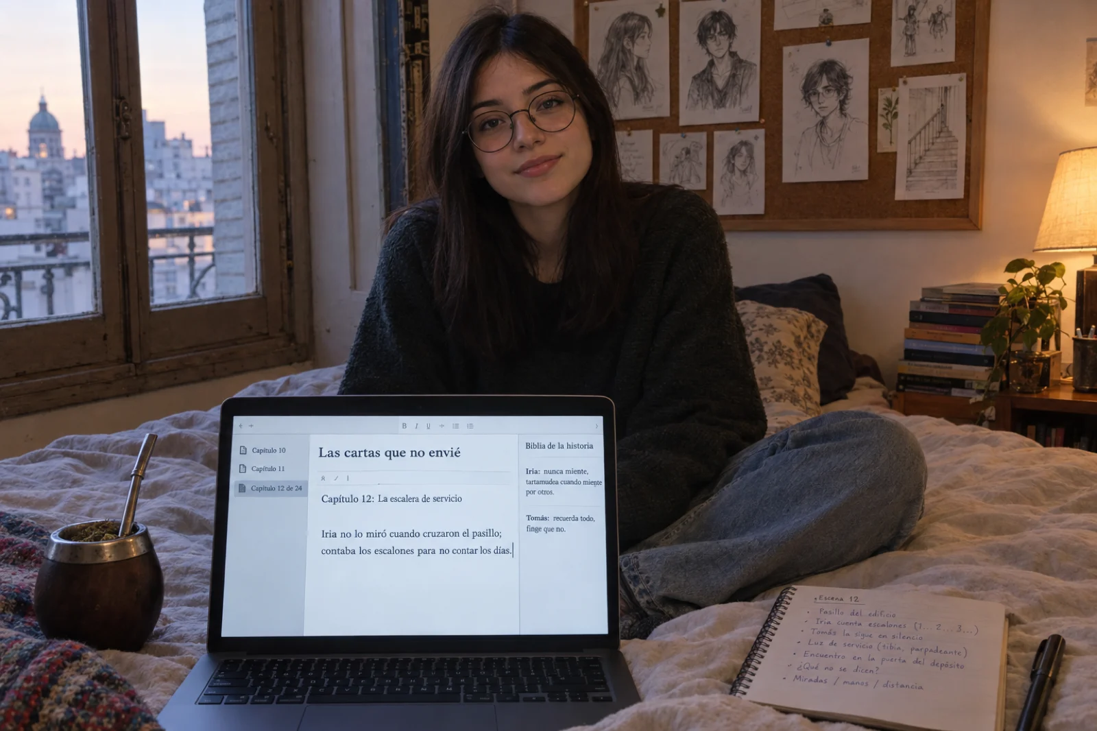 Joven con gafas escribe un fanfic en su habitación de Buenos Aires; el portátil muestra un editor en español con 'Las cartas que no envié', el capítulo 12 de 24 titulado 'La escalera de servicio' y un panel de biblia de la historia con las fichas de Iria y Tomás.