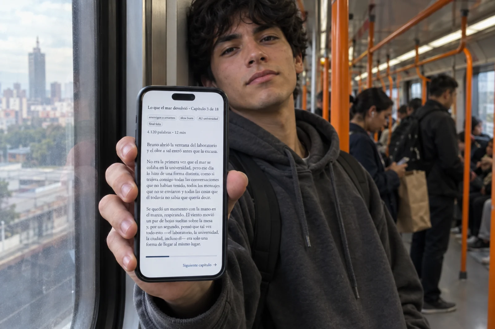 Joven con sudadera lee un fanfic en el móvil en el metro de Ciudad de México; la pantalla muestra 'Lo que el mar devolvió · Capítulo 3 de 18', las etiquetas enemigos a amantes, slow burn, AU universidad y final feliz, y dos párrafos en español.