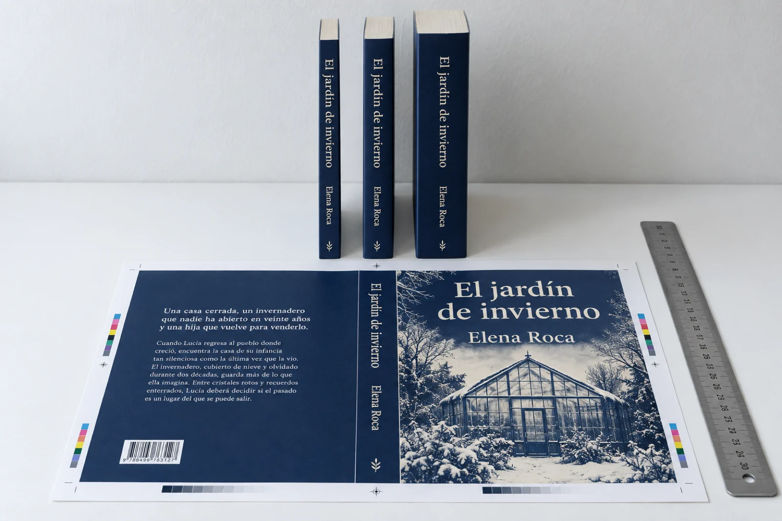 Tres ejemplares de 'El jardín de invierno', de Elena Roca, con lomos de distinto grosor, y delante la prueba de imprenta de la cubierta completa con contraportada, lomo y portada