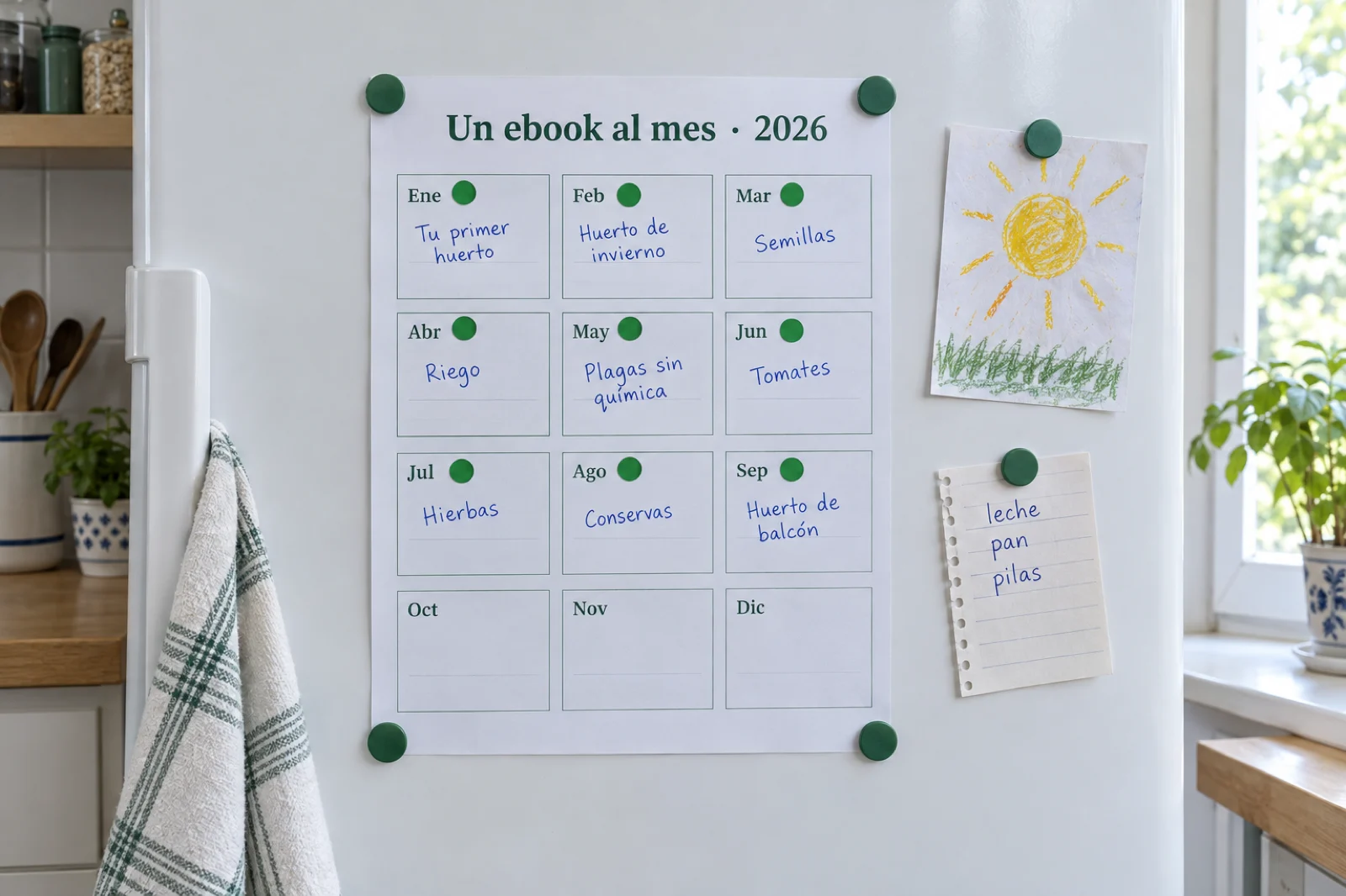 Puerta de una nevera con un calendario impreso sujeto con imanes, titulado 'Un ebook al mes · 2026', con los meses de enero a septiembre marcados con una pegatina verde y un título de libro escrito a mano en cada uno, como 'Ene: Tu primer huerto', 'Feb: Huerto de invierno', 'Mar: Semillas'; octubre a diciembre en blanco; al lado, un dibujo infantil y una lista de la compra