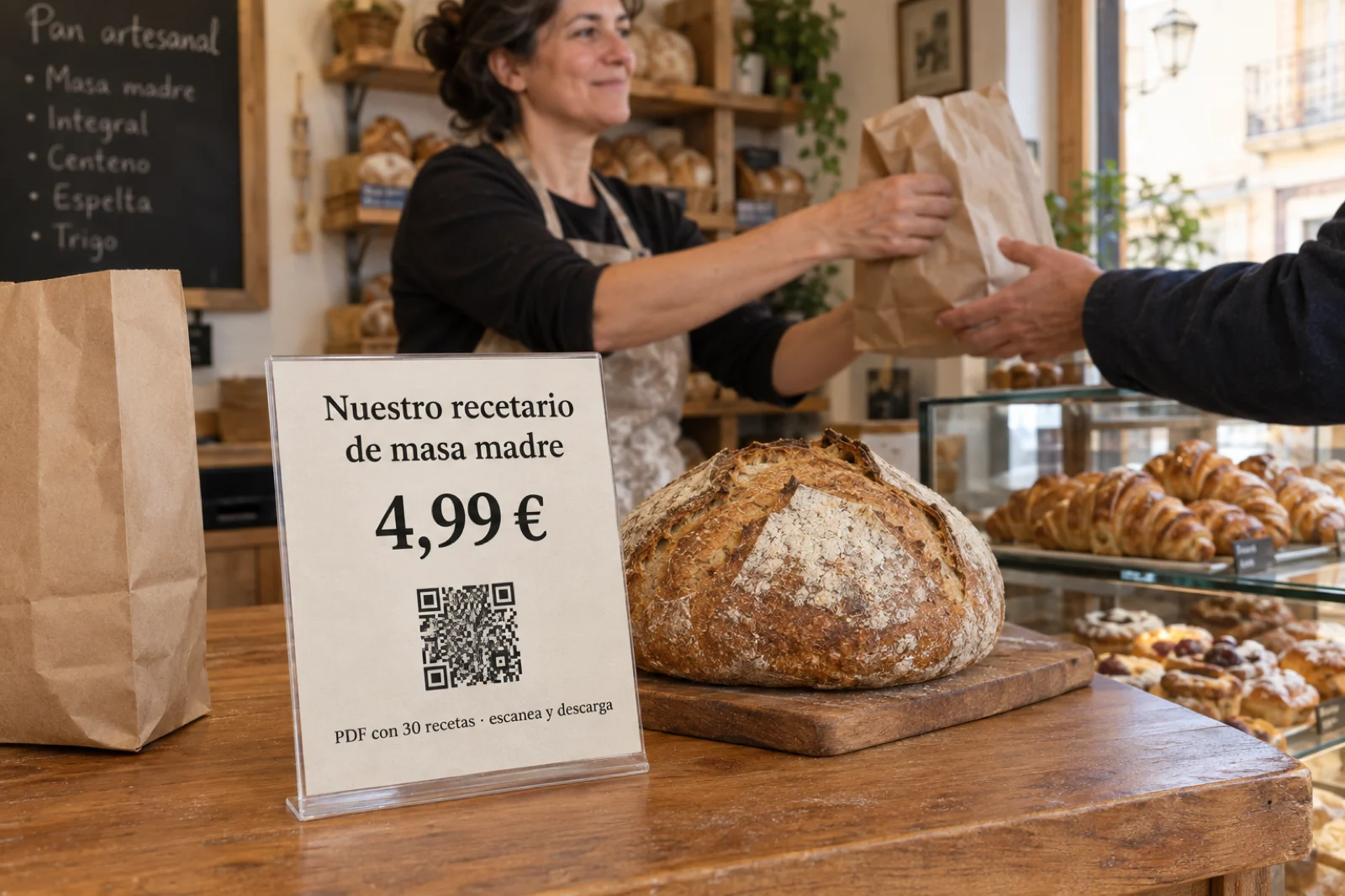 Mostrador de una panadería con un cartel de sobremesa impreso: 'Nuestro recetario de masa madre · 4,99 €', un código QR y 'PDF con 30 recetas', junto a un pan de masa madre; al fondo, la panadera con delantal atiende a un cliente
