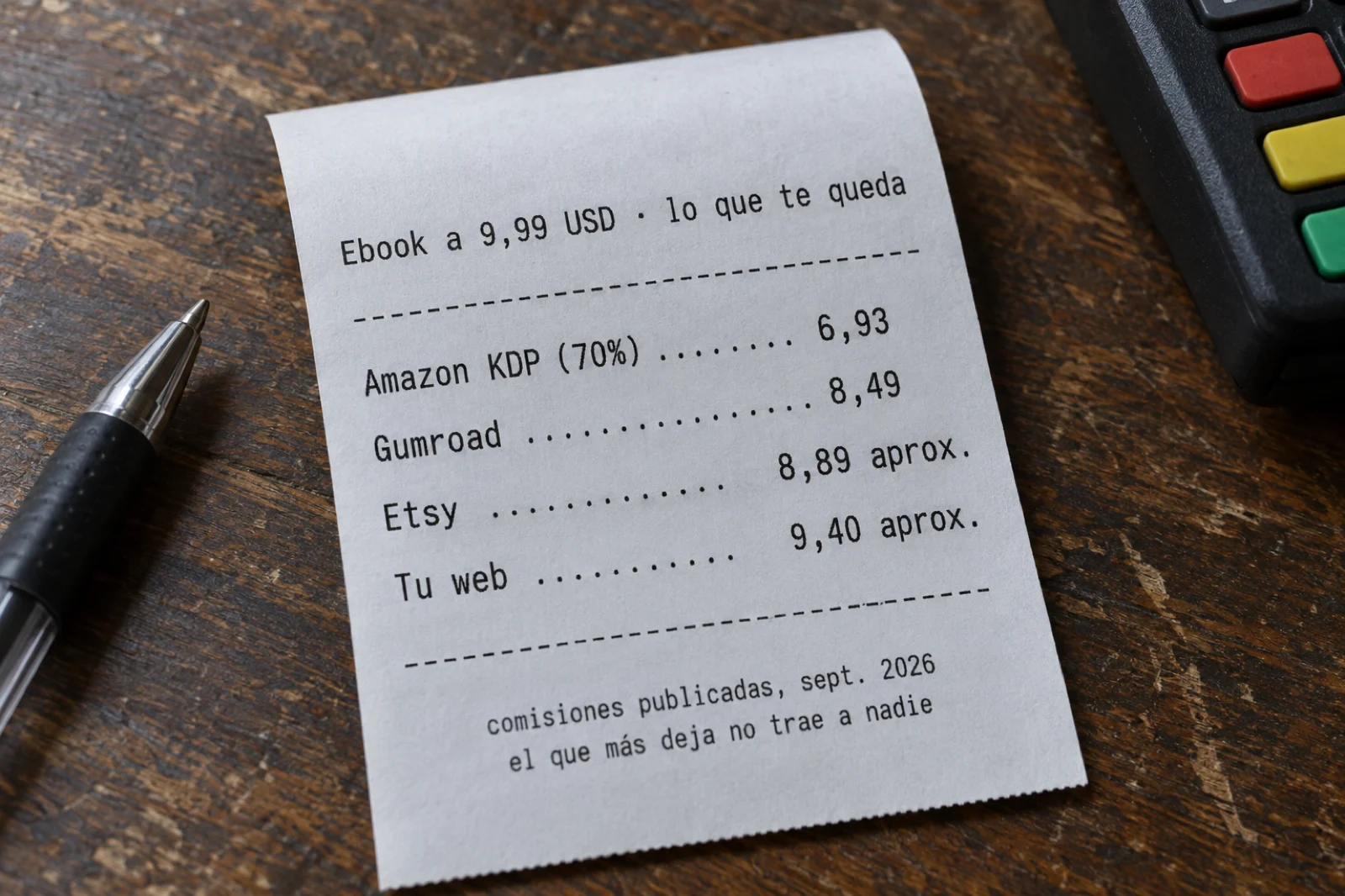 Primer plano de un ticket de caja largo sobre un mostrador de madera, impreso con el título 'Ebook a 9,99 USD · lo que te queda' y cuatro líneas legibles: 'Amazon KDP (70%) 6,93', 'Gumroad 8,49', 'Etsy 8,89 aprox.', 'Tu web 9,40 aprox.', y al pie 'comisiones publicadas, sept. 2026'
