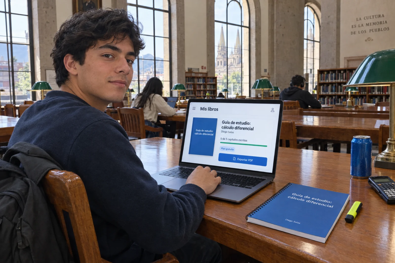Estudiante en una biblioteca universitaria de Guadalajara con un portátil que muestra 'Mis libros', la guía 'Guía de estudio: cálculo diferencial' de Diego Salas con 5 de 5 capítulos escritos, la etiqueta Plan gratuito y el botón Exportar PDF; al lado, la guía impresa y encuadernada.