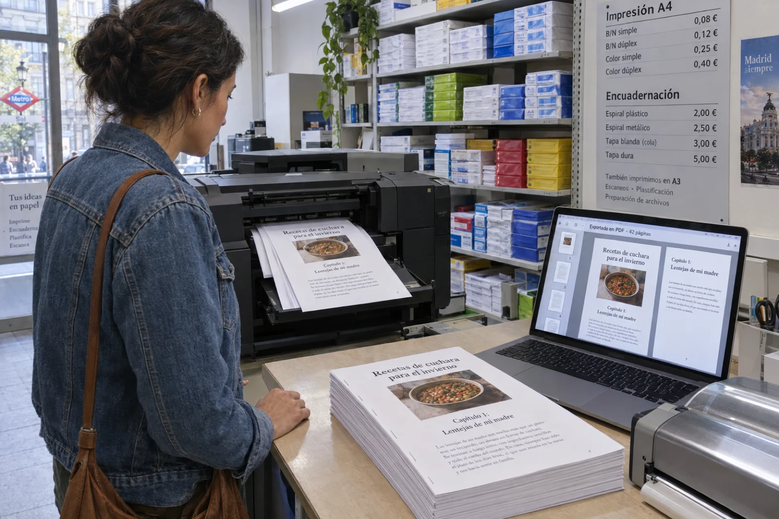Mujer en una copistería de Madrid recoge las páginas impresas de 'Recetas de cuchara para el invierno', capítulo 1 'Lentejas de mi madre', mientras su portátil muestra la vista previa del PDF exportado, 42 páginas.