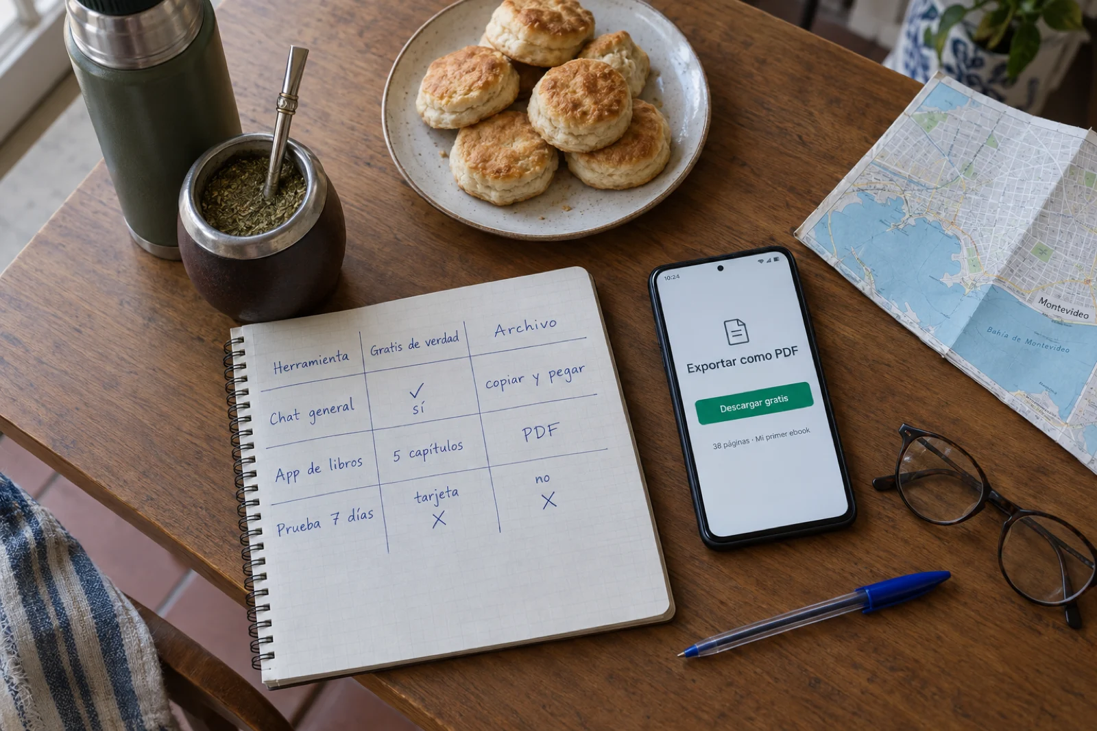 Mesa de cocina en Montevideo con un cuaderno abierto a una comparación manuscrita en español (Herramienta, Gratis de verdad, Archivo) con filas para un chat general, una app de libros y una prueba de siete días, junto a un móvil que muestra Exportar como PDF y Descargar gratis, 38 páginas, Mi primer ebook.