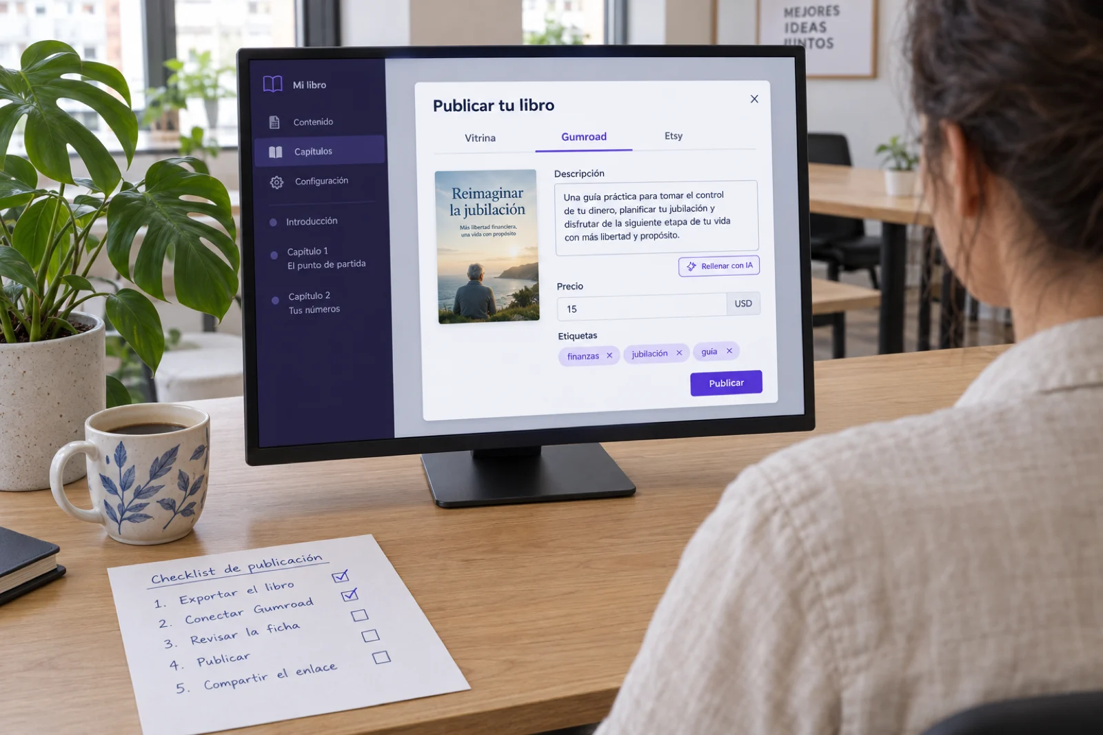 Pantalla de un ordenador en un espacio de coworking con el diálogo Publicar en Gumroad en español: portada de Reimaginar la jubilación, descripción, botón Rellenar con IA, precio 15 USD, etiquetas finanzas, jubilación y guía, y botón Publicar; en la mesa, una lista impresa de cinco pasos con los dos primeros marcados
