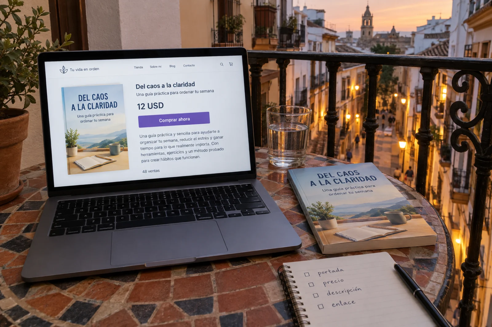 Portátil en una mesa de balcón al atardecer con una tienda personal en español: portada del ebook Del caos a la claridad, precio 12 USD, botón Comprar ahora y 48 ventas; al lado, el libro impreso y un cuaderno con la lista portada, precio, descripción, enlace
