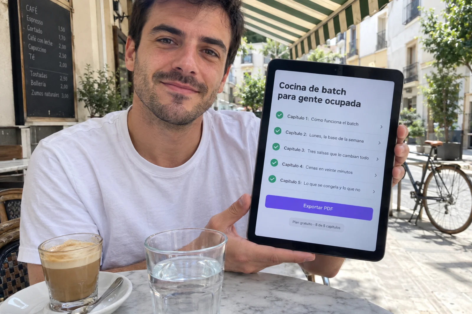 Foto hecha con el móvil en la terraza de un café: un hombre joven sostiene una tablet con la aplicación en español mostrando el libro 'Cocina de batch para gente ocupada' con cinco capítulos listos, el primero abierto, un botón 'Exportar PDF' y la etiqueta 'Plan gratuito · 5 de 5 capítulos'