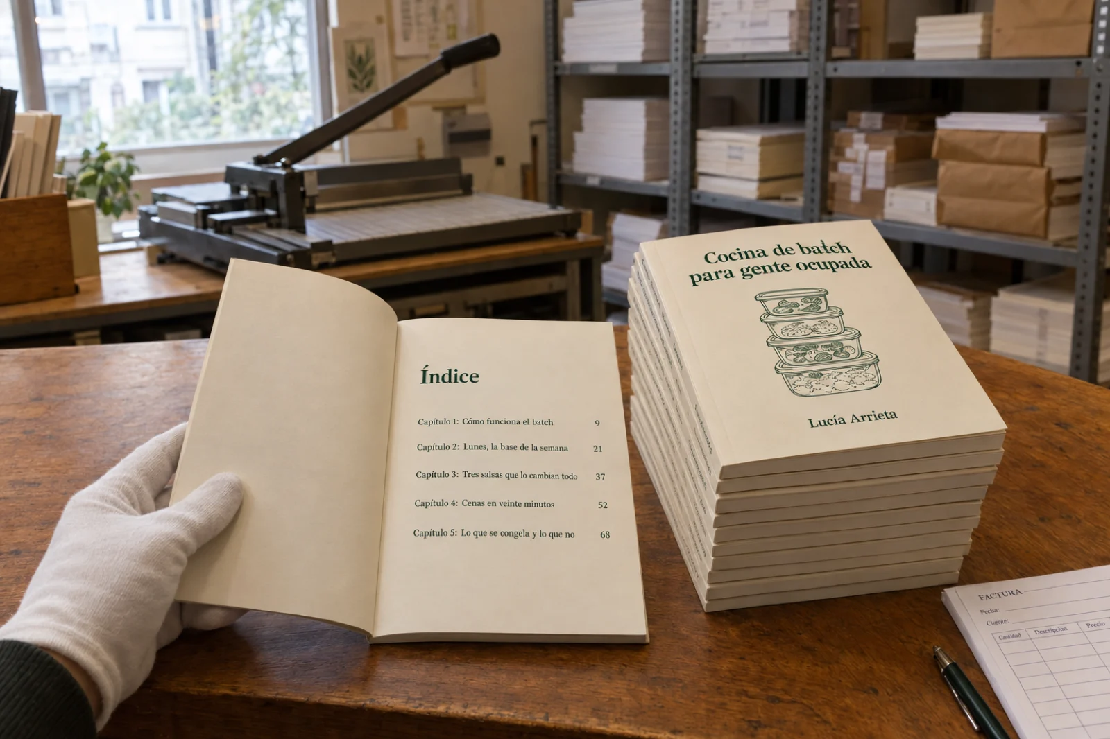 Mostrador de una imprenta de barrio con una pila de libros en tapa blanda recién impresos, todos el mismo título, 'Cocina de batch para gente ocupada, Lucía Arrieta', una mano con guante de algodón abre uno por el índice, donde se leen cinco capítulos, y al fondo la guillotina y resmas de papel