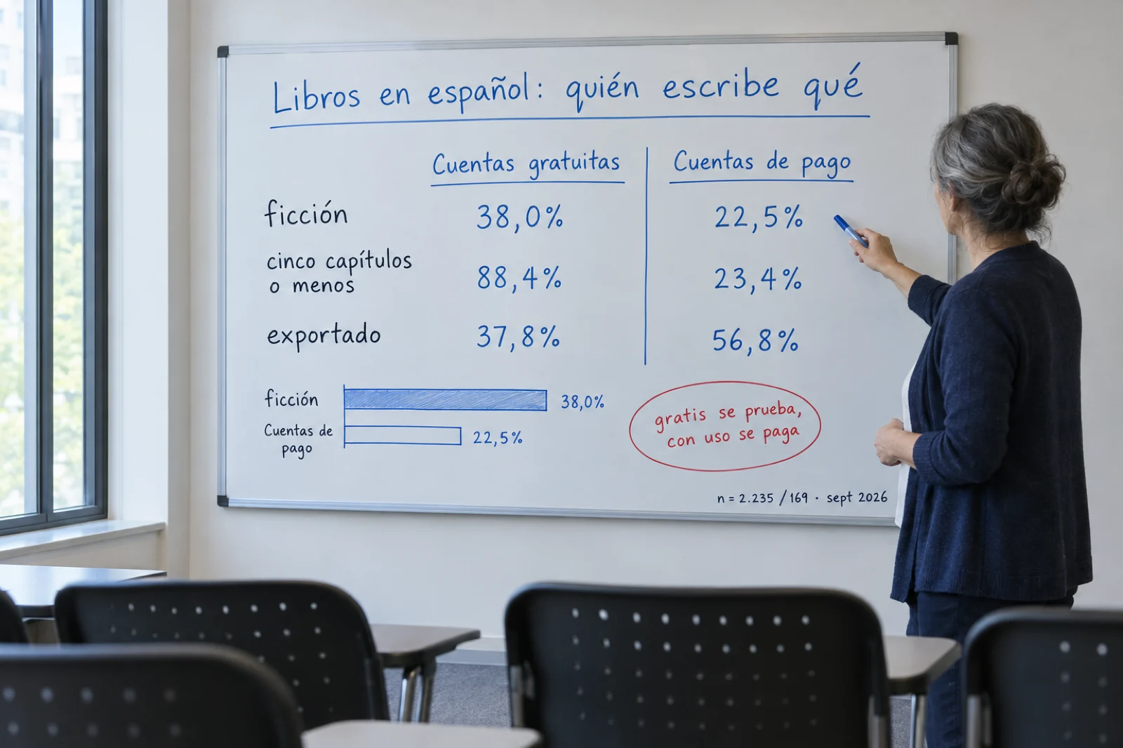 Pizarra blanca en un aula de formación con dos columnas escritas a rotulador, 'Cuentas gratuitas' y 'Cuentas de pago', y debajo las cifras 'ficción 38,0% / 22,5%', 'cinco capítulos o menos 88,4% / 23,4%', 'exportado 37,8% / 56,8%', con dos barras dibujadas a mano; una profesora de espaldas señala la columna de la derecha