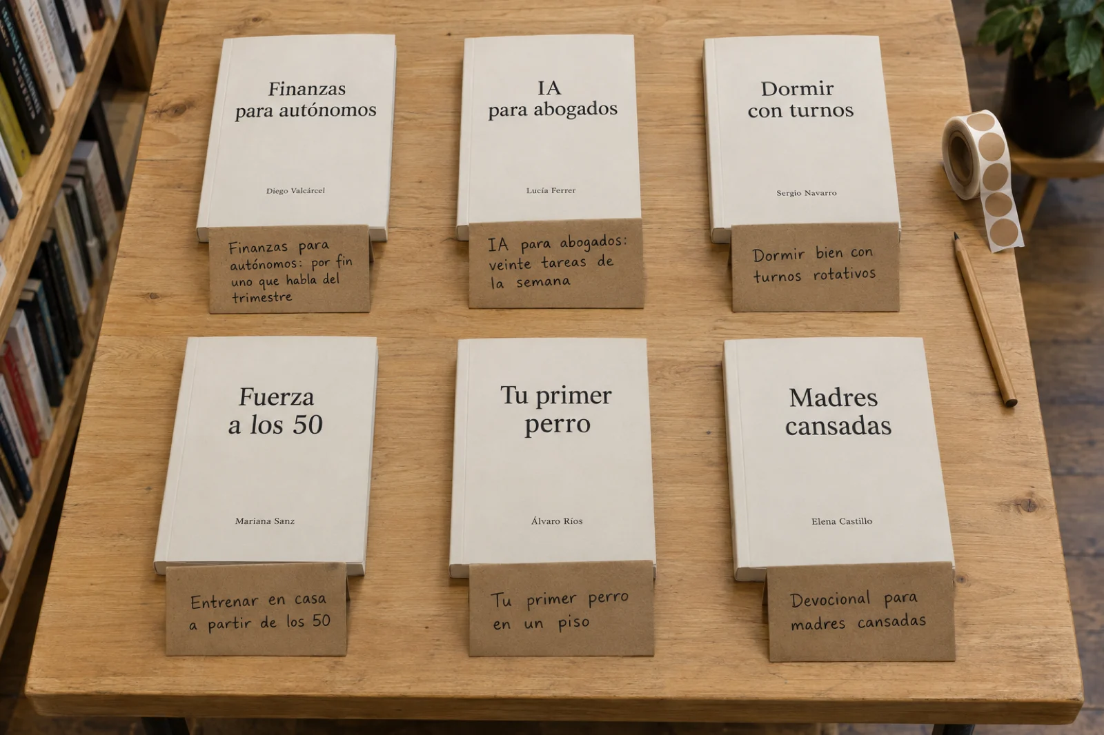 Vista cenital de una mesa de novedades en una librería con seis libros de tapa blanda y, delante de cada uno, una tarjeta de cartulina escrita a mano por el librero: 'Finanzas para autónomos: por fin uno que habla del trimestre', 'IA para abogados', 'Dormir bien con turnos rotativos', 'Entrenar en casa a partir de los 50', 'Tu primer perro en un piso' y 'Devocional para madres cansadas'