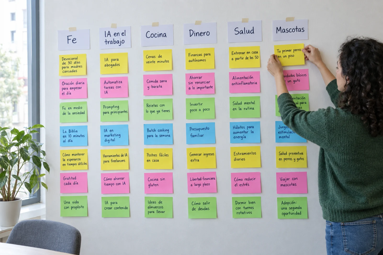 Pared de un espacio de trabajo cubierta de notas adhesivas de colores agrupadas bajo rótulos escritos a mano como 'Fe', 'IA en el trabajo', 'Cocina' y 'Dinero', cada nota con una idea de ebook legible como 'Devocional de 30 días para madres cansadas' o 'Finanzas para autónomos'; una mujer pega una nota nueva bajo 'Mascotas'