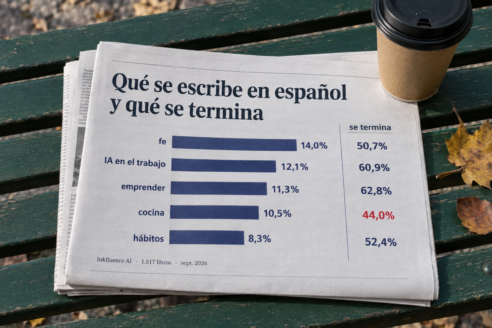 Suplemento de periódico abierto sobre un banco de parque, con un gráfico de barras impreso titulado 'Qué se escribe en español y qué se termina' con cinco barras etiquetadas 'fe 14,0%', 'IA en el trabajo 12,1%', 'emprender 11,3%', 'cocina 10,5%', 'hábitos 8,3%' y una segunda columna 'se termina' con '50,7 / 60,9 / 62,8 / 44,0 / 52,4'; un café para llevar sujeta la página