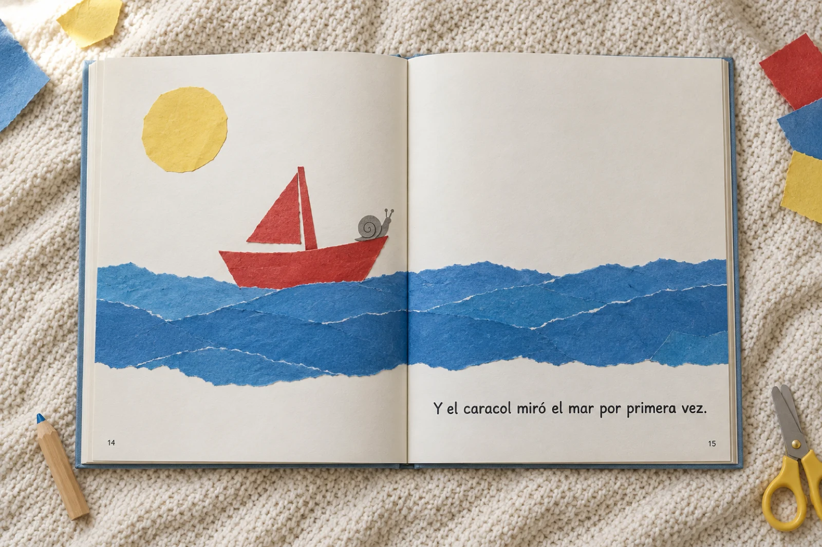 Álbum ilustrado abierto por las páginas 14 y 15, con un barco rojo de papel recortado y un caracol sobre un mar de papel azul, y la frase 'Y el caracol miró el mar por primera vez.'