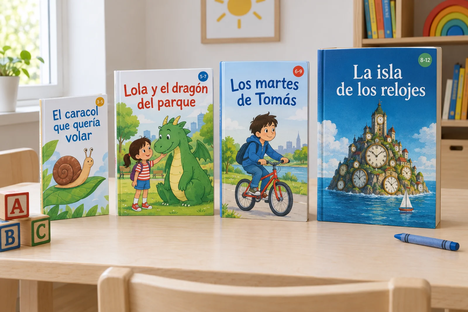 Cuatro libros infantiles de pie, del más fino al más grueso, con sus portadas y una insignia de edad: 'El caracol que quería volar' (3-5), 'Lola y el dragón del parque' (5-7), 'Los martes de Tomás' (6-9) y 'La isla de los relojes' (8-12)