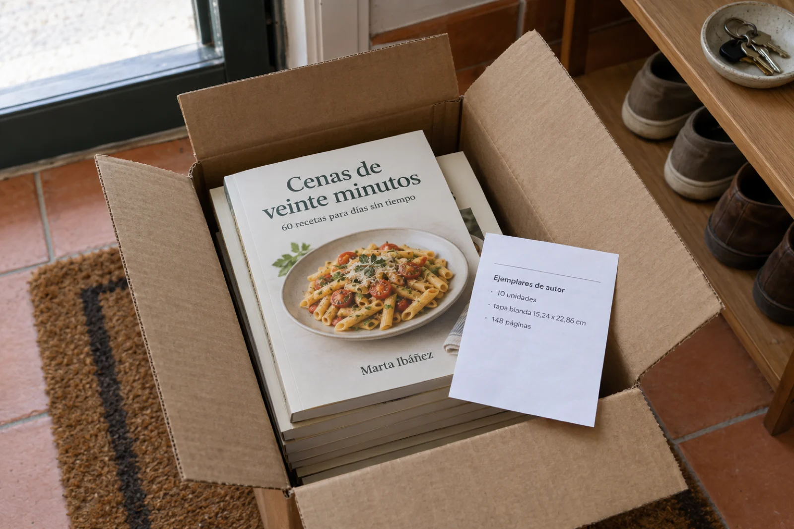 Una caja de cartón abierta sobre el felpudo de un piso, llena de ejemplares iguales de un libro en tapa blanda; la portada, legible: 'Cenas de veinte minutos · 60 recetas para días sin tiempo · Marta Ibáñez', y un albarán encima: 'Ejemplares de autor · 10 unidades · tapa blanda 15,24 x 22,86 cm · 148 páginas'