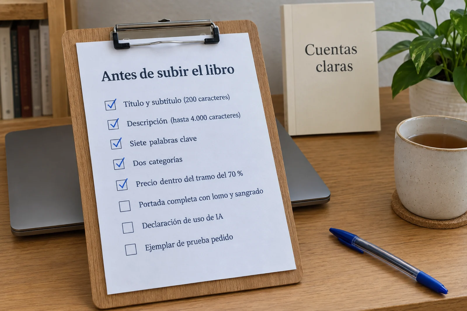 Un portapapeles de madera apoyado en un portátil cerrado, con una lista impresa y legible: 'Antes de subir el libro', y ocho casillas, las cinco primeras marcadas: título y subtítulo, descripción, siete palabras clave, dos categorías, precio dentro del tramo del 70 %, portada completa con lomo y sangrado, declaración de uso de IA, ejemplar de prueba pedido