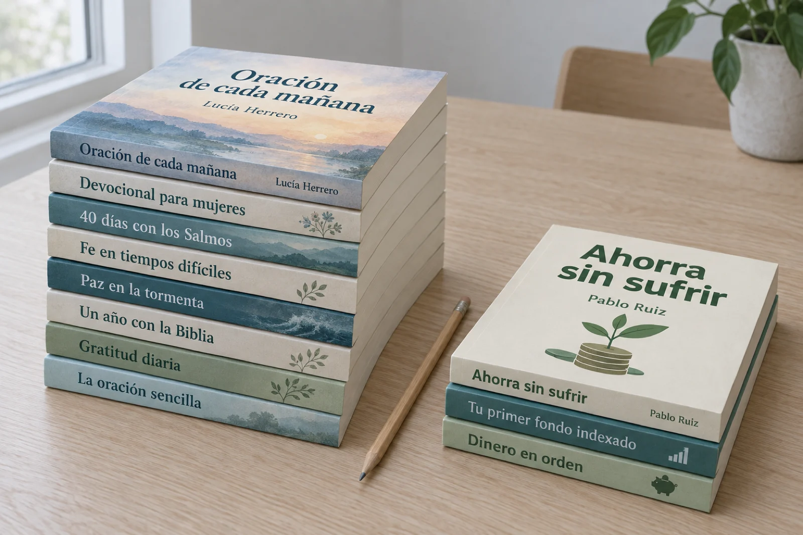 Dos pilas de ebooks impresos sobre una mesa: la alta, con títulos como 'Oración de cada mañana', '40 días con los Salmos', 'Fe en tiempos difíciles' y 'Devocional para mujeres'; la baja, con 'Ahorra sin sufrir' y 'Tu primer fondo indexado'