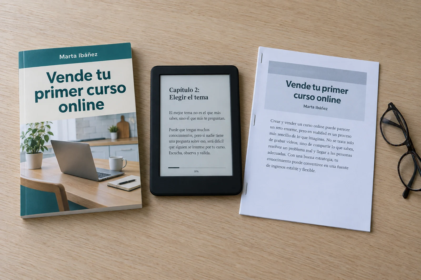 El mismo ebook, 'Vende tu primer curso online', en tres formatos sobre una mesa: impreso en PDF con su portada, en un lector de libros electrónicos abierto por el capítulo 2 y como documento de Word impreso