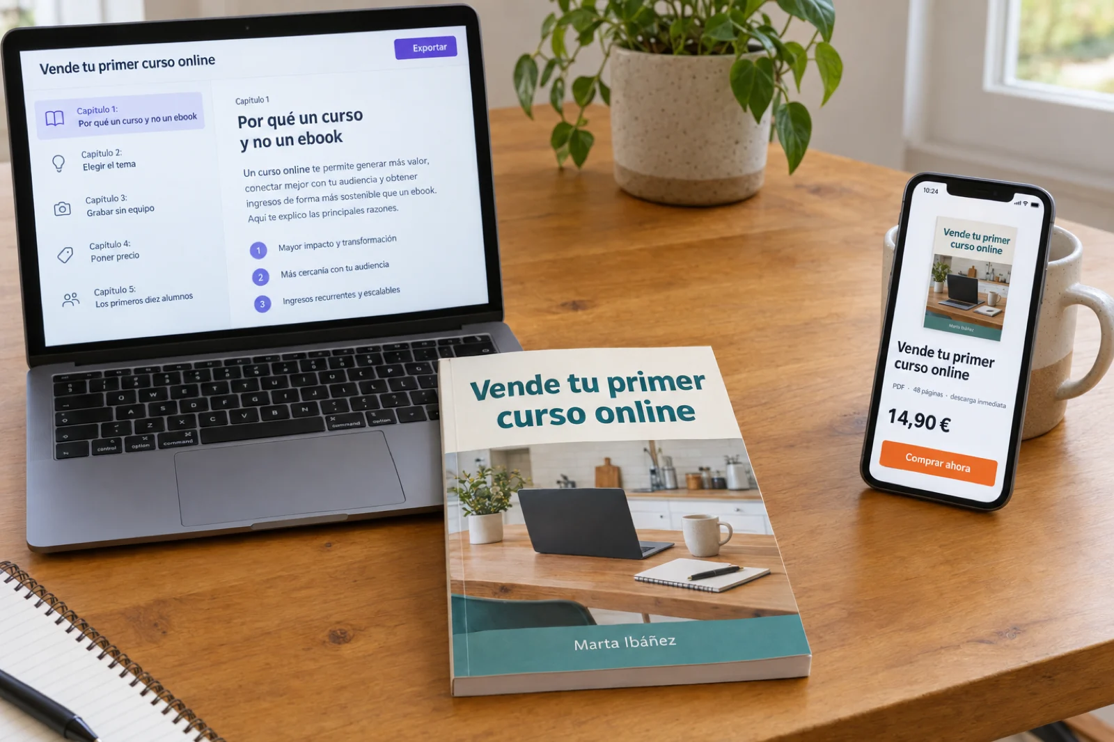 Escritorio con un portátil que muestra los capítulos de 'Vende tu primer curso online' y el botón 'Exportar', el mismo ebook impreso con su portada, y un móvil con la ficha de venta 'PDF · 48 páginas · 14,90 €' y el botón 'Comprar ahora'