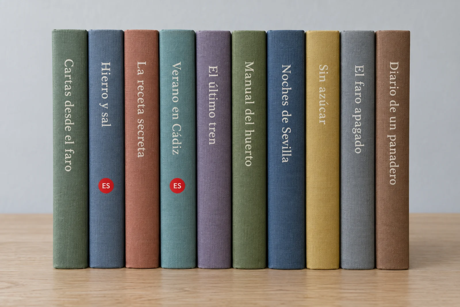 Diez libros de tela en fila con títulos en el lomo, de 'Cartas desde el faro' a 'Diario de un panadero', y solo dos llevan una pegatina roja con las letras 'ES'