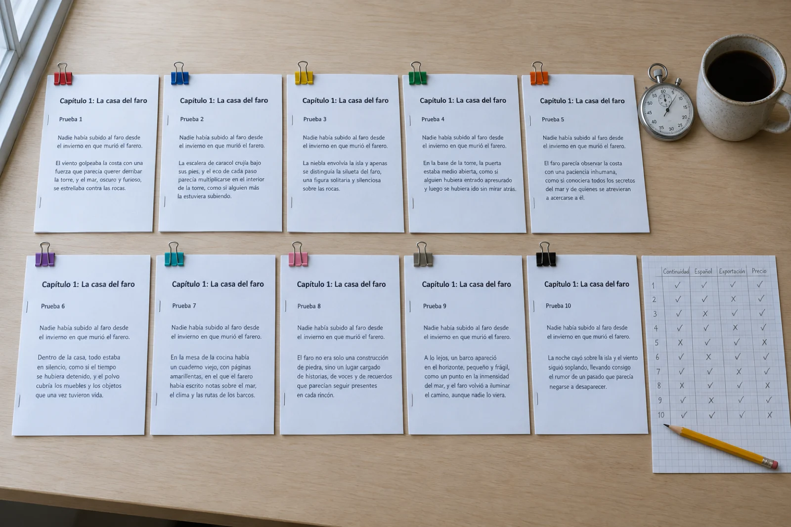 Diez pruebas impresas del mismo 'Capítulo 1: La casa del faro', numeradas de Prueba 1 a Prueba 10 y sujetas con pinzas de colores, junto a un cronómetro y una hoja cuadriculada con la puntuación de cada una en continuidad, español, exportación y precio