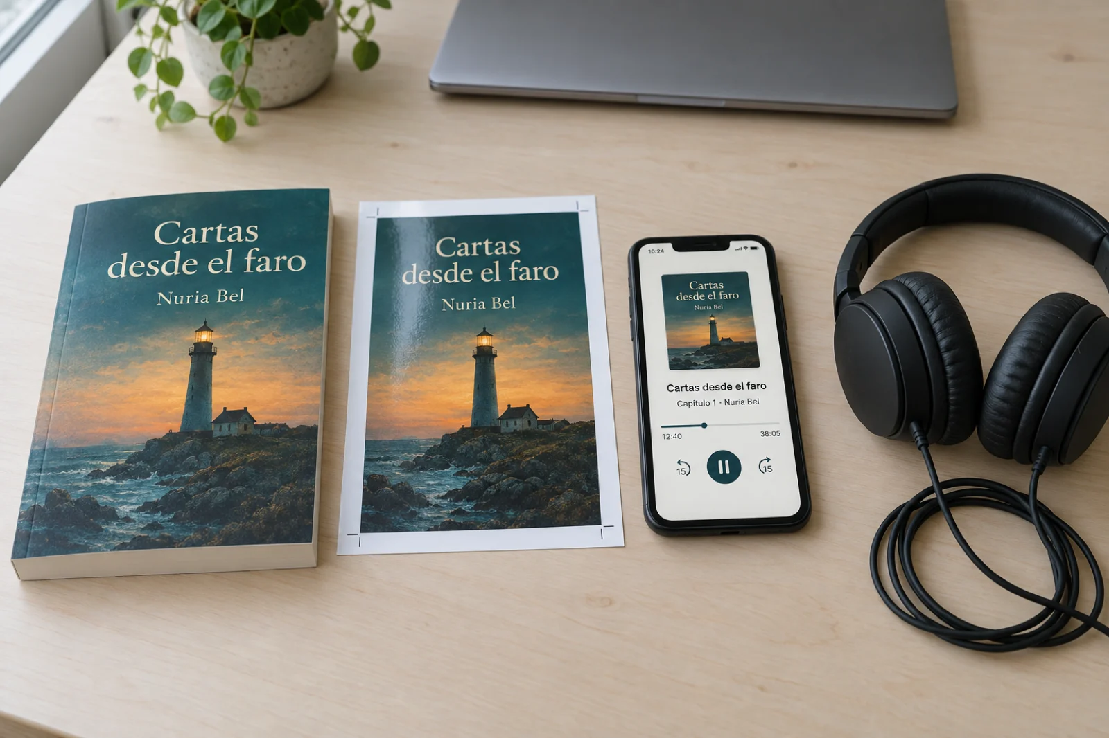 Sobre un escritorio, el libro 'Cartas desde el faro', de Nuria Bel, su prueba de portada impresa, un móvil con el reproductor del audiolibro en el capítulo 1, minuto 12:40 de 38:05, y unos auriculares