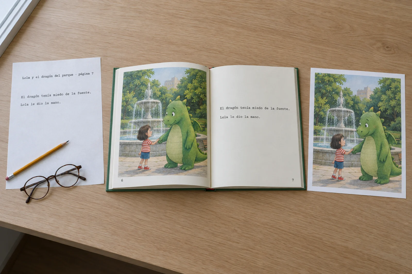 Sobre un escritorio, a la izquierda una página mecanografiada con el texto de 'Lola y el dragón del parque, página 7', a la derecha una ilustración impresa de una niña y un dragón verde, y en el centro el álbum encuadernado abierto por esa misma página con texto e imagen juntos