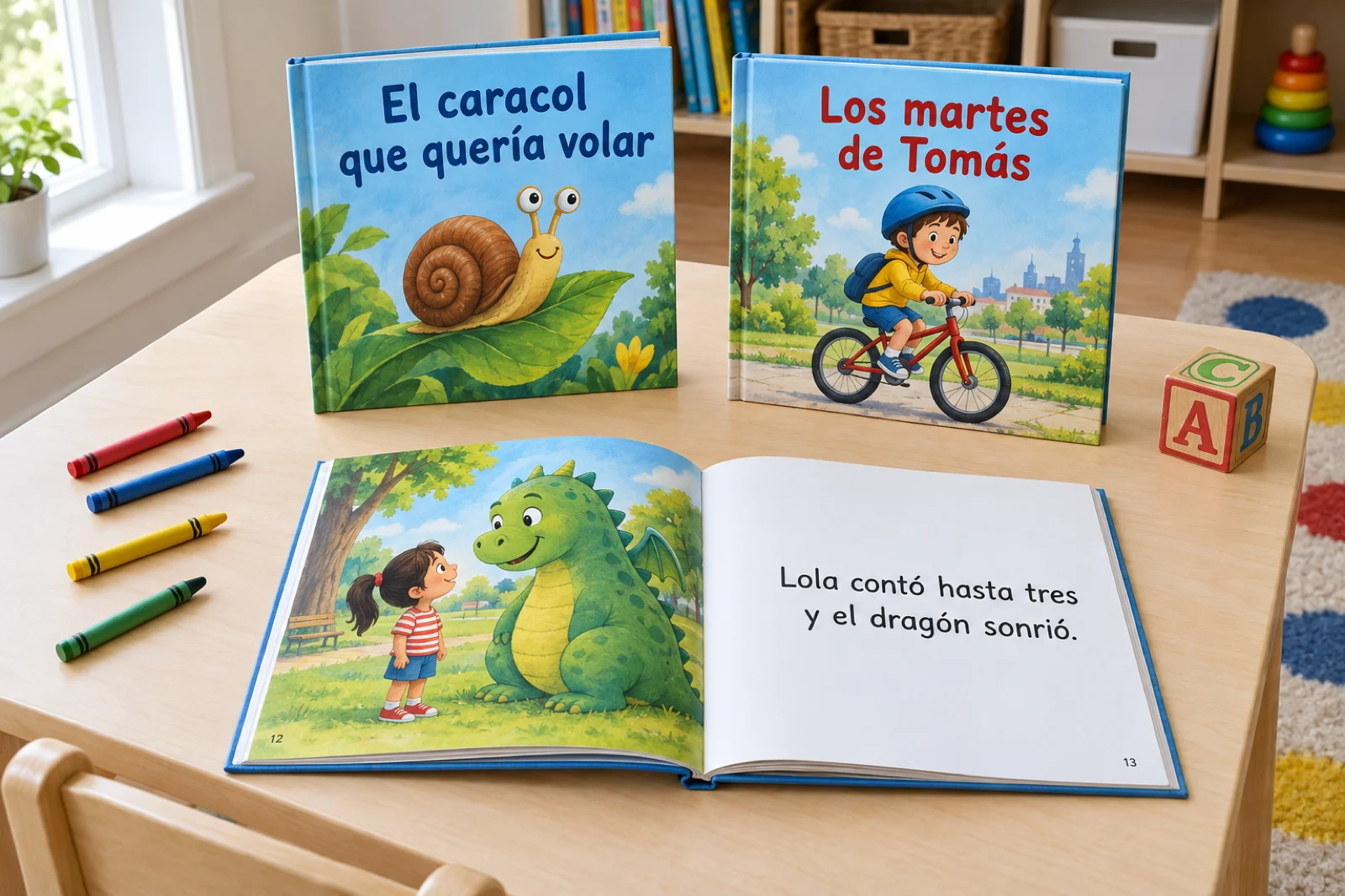 Mesa infantil con tres álbumes ilustrados: 'Lola y el dragón del parque' abierto por una doble página con la frase 'Lola contó hasta tres y el dragón sonrió', y 'El caracol que quería volar' y 'Los martes de Tomás' cerrados con sus portadas a la vista