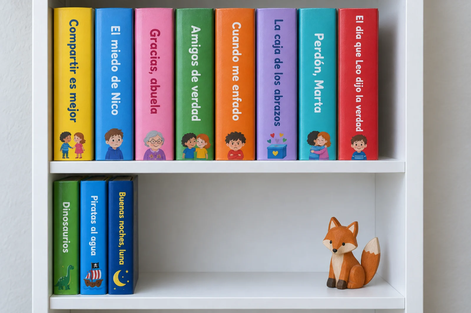 Dos baldas de una librería infantil: la de arriba llena de libros con títulos como 'Compartir es mejor', 'El miedo de Nico', 'Gracias, abuela', 'Amigos de verdad', 'Cuando me enfado' y 'La caja de los abrazos'; la de abajo con solo tres, 'Dinosaurios', 'Piratas al agua' y 'Buenas noches, luna'