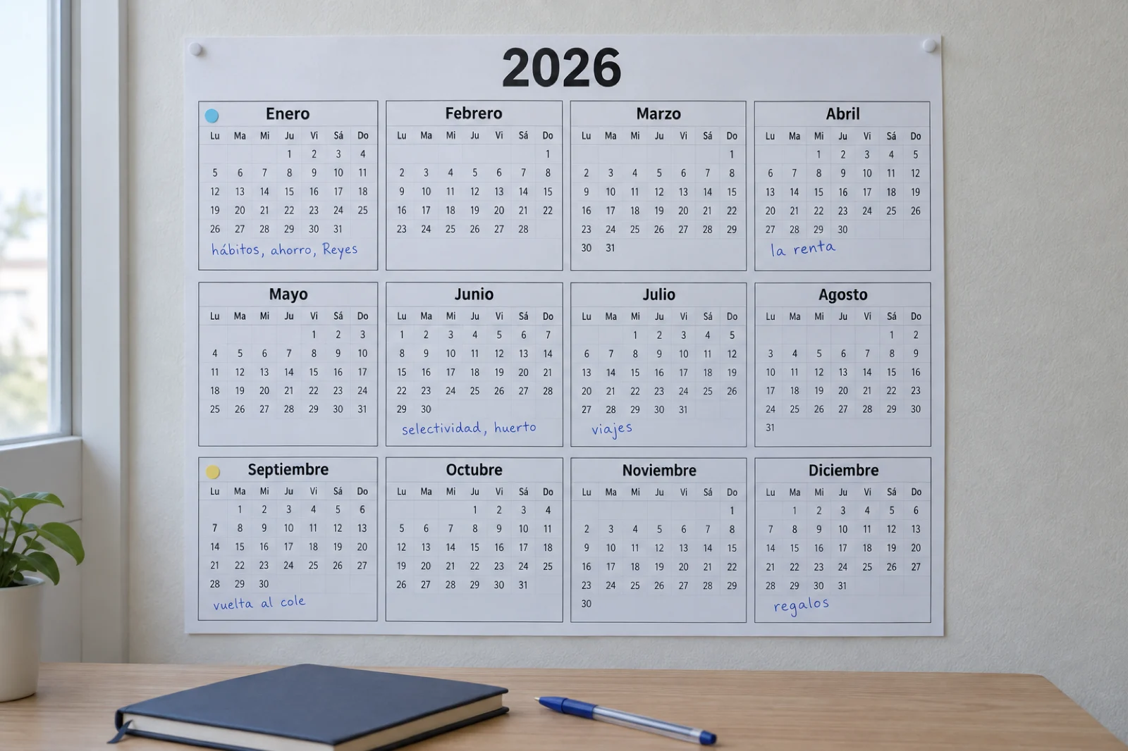 Calendario anual de pared con notas escritas a mano en cada mes: 'Enero: hábitos, ahorro, Reyes', 'Abril: la renta', 'Junio: selectividad, huerto', 'Julio: viajes', 'Septiembre: vuelta al cole', 'Diciembre: regalos'