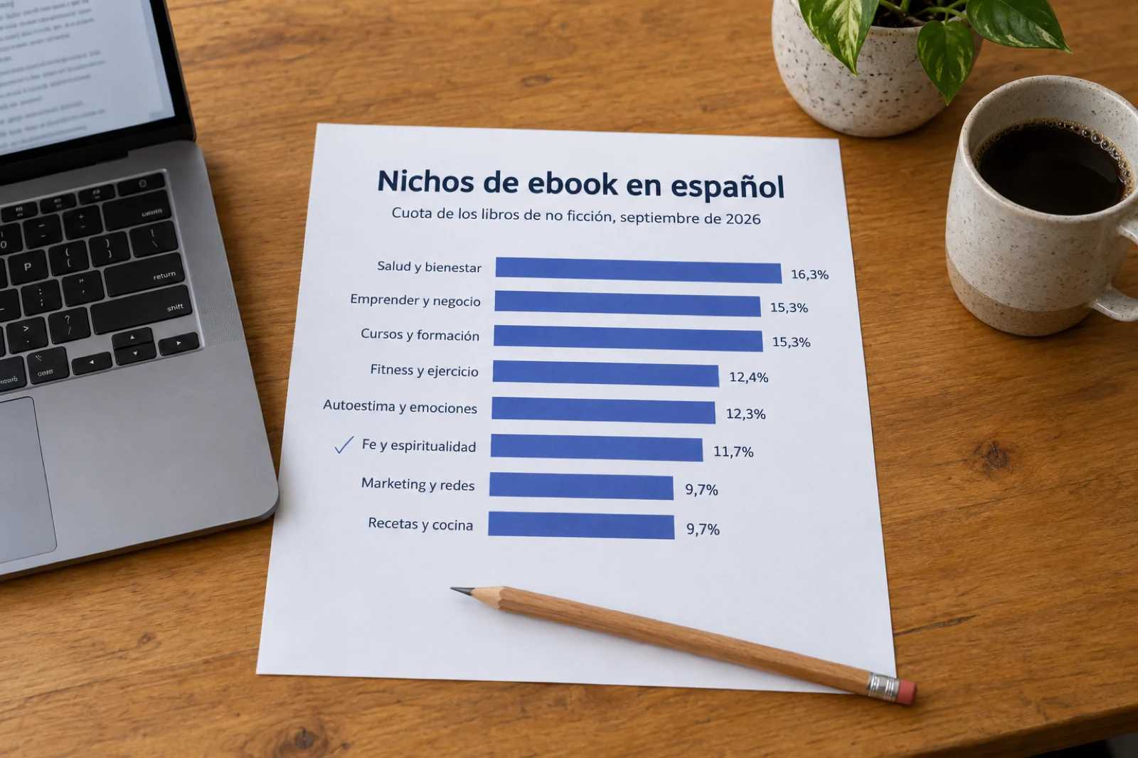 Hoja impresa sobre un escritorio con un gráfico de barras titulado 'Nichos de ebook en español', con barras etiquetadas Salud, Negocio, Cursos, Fitness, Emociones, Fe, Marketing, Recetas y sus porcentajes, junto a un portátil y una taza