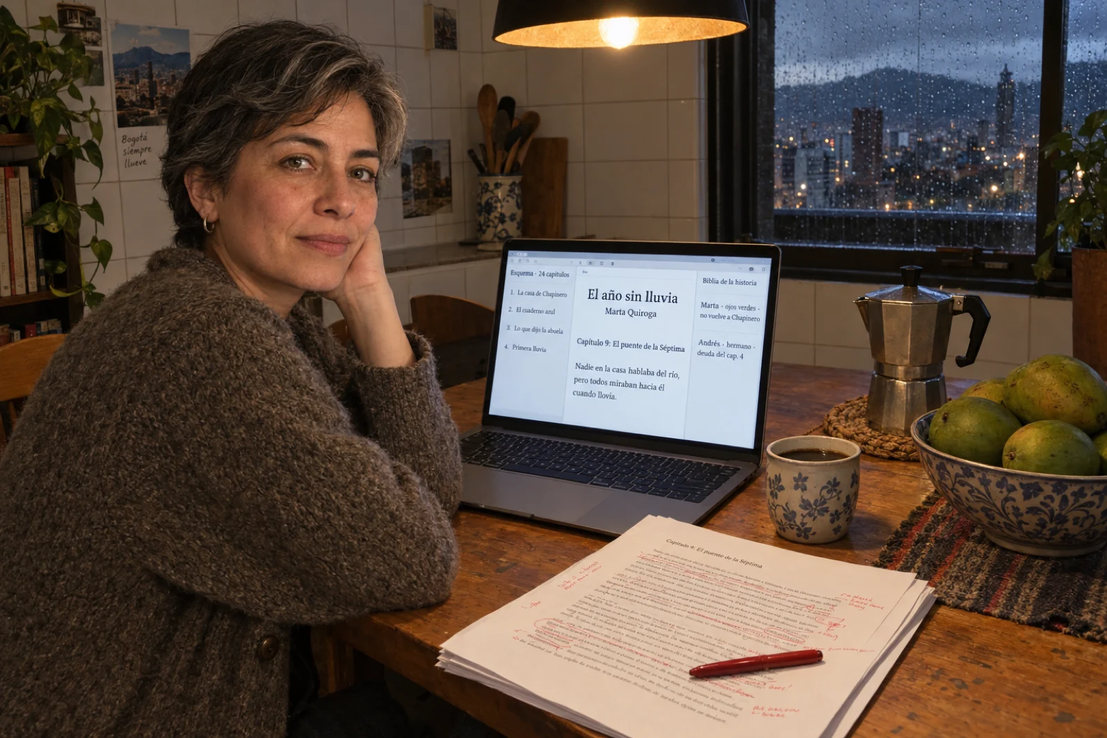 Mujer escribe una novela en la cocina de su piso en Bogotá; el portátil muestra el esquema de 24 capítulos de 'El año sin lluvia', el capítulo 9 'El puente de la Séptima' y la biblia de la historia con Marta y Andrés; al lado, el manuscrito impreso corregido en rojo.