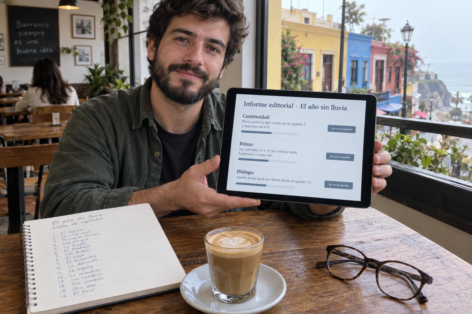 Hombre en un café de Barranco, Lima, muestra en una tableta un informe editorial en español de 'El año sin lluvia': continuidad (Marta tiene los ojos verdes en el capítulo 2 y marrones en el 9), ritmo (los capítulos 11 a 14 no cambian nada) y diálogo (Andrés habla igual que Marta).