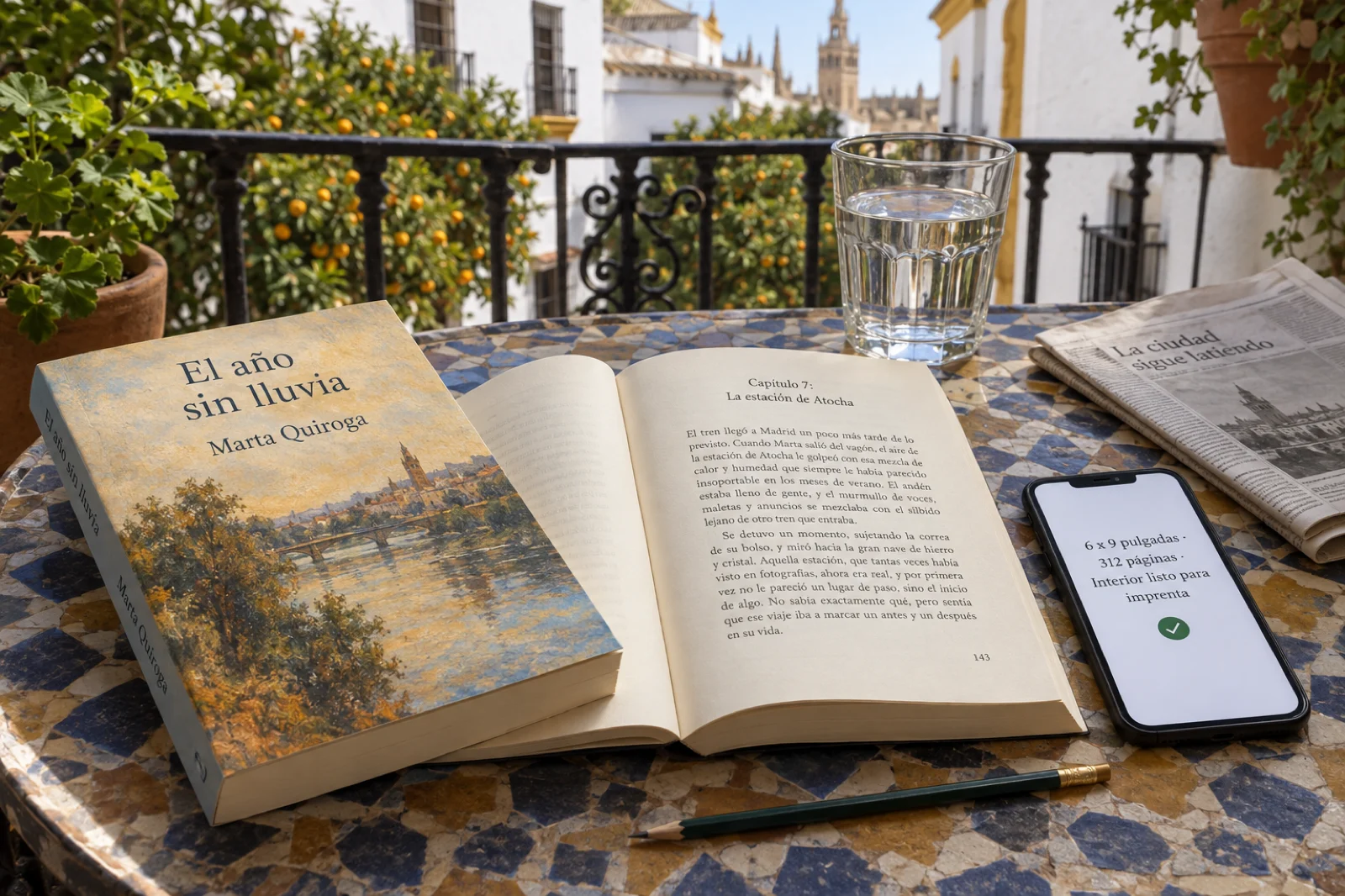 Ejemplar de prueba de la novela 'El año sin lluvia' de Marta Quiroga en un balcón de Sevilla, uno cerrado y otro abierto por el capítulo 7 'La estación de Atocha'; un móvil muestra 6 x 9 pulgadas, 312 páginas, interior listo para imprenta.