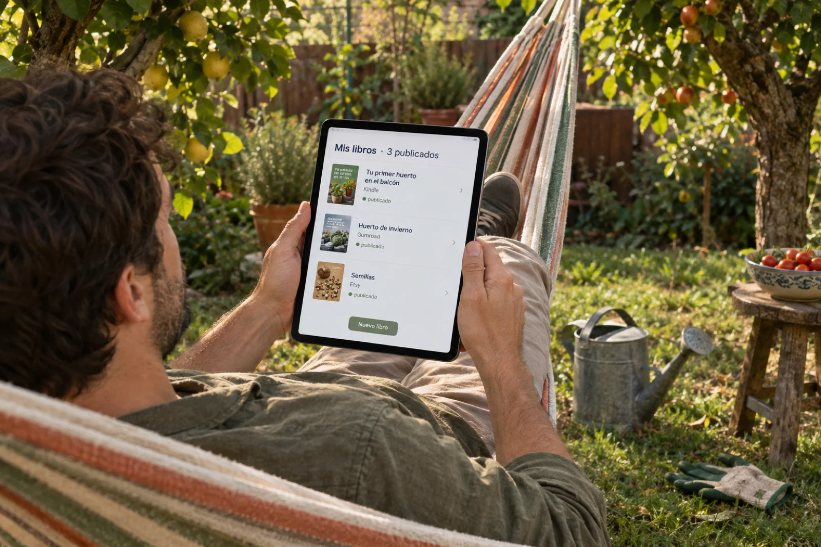 Un hombre lee una tablet tumbado en una hamaca de un jardín; la pantalla muestra la aplicación en español con 'Mis libros · 3 publicados' y tres filas legibles: 'Tu primer huerto en el balcón · Kindle · publicado', 'Huerto de invierno · Gumroad · publicado', 'Semillas · Etsy · publicado', y un botón 'Nuevo libro'
