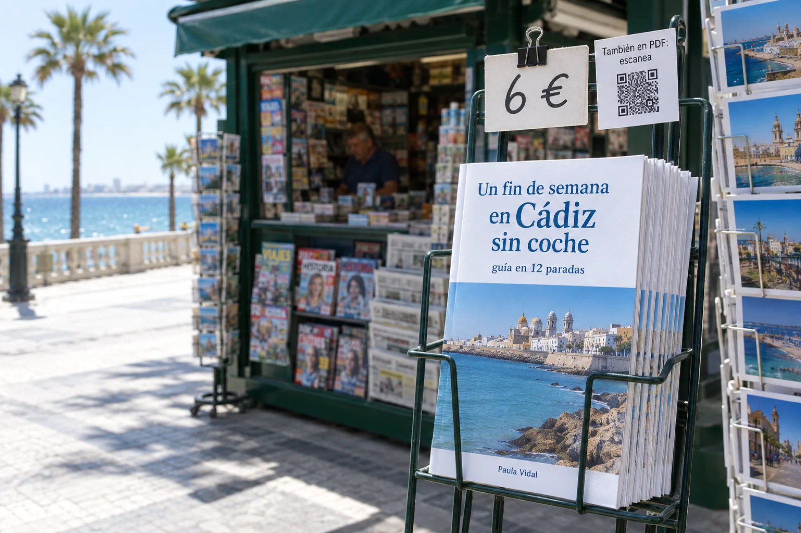 Quiosco de prensa en un paseo marítimo con un expositor de guías impresas, portada legible: 'Un fin de semana en Cádiz sin coche · guía en 12 paradas · Paula Vidal', una etiqueta '6 €' y una tarjeta 'También en PDF: escanea' con un código QR