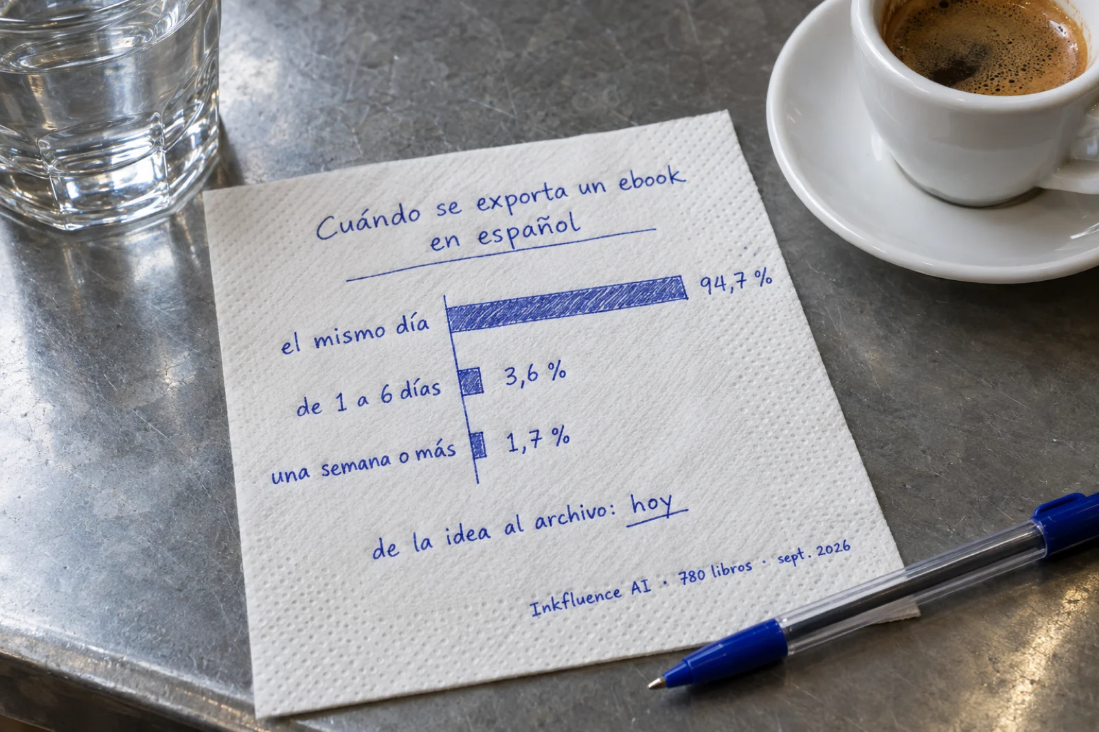Servilleta de papel en la barra de un bar con un gráfico dibujado a bolígrafo: 'Cuándo se exporta un ebook en español', tres barras legibles, 'el mismo día 94,7 %', 'de 1 a 6 días 3,6 %', 'una semana o más 1,7 %', la nota 'de la idea al archivo: hoy' y 'Inkfluence AI · 780 libros · sept. 2026', junto a un café