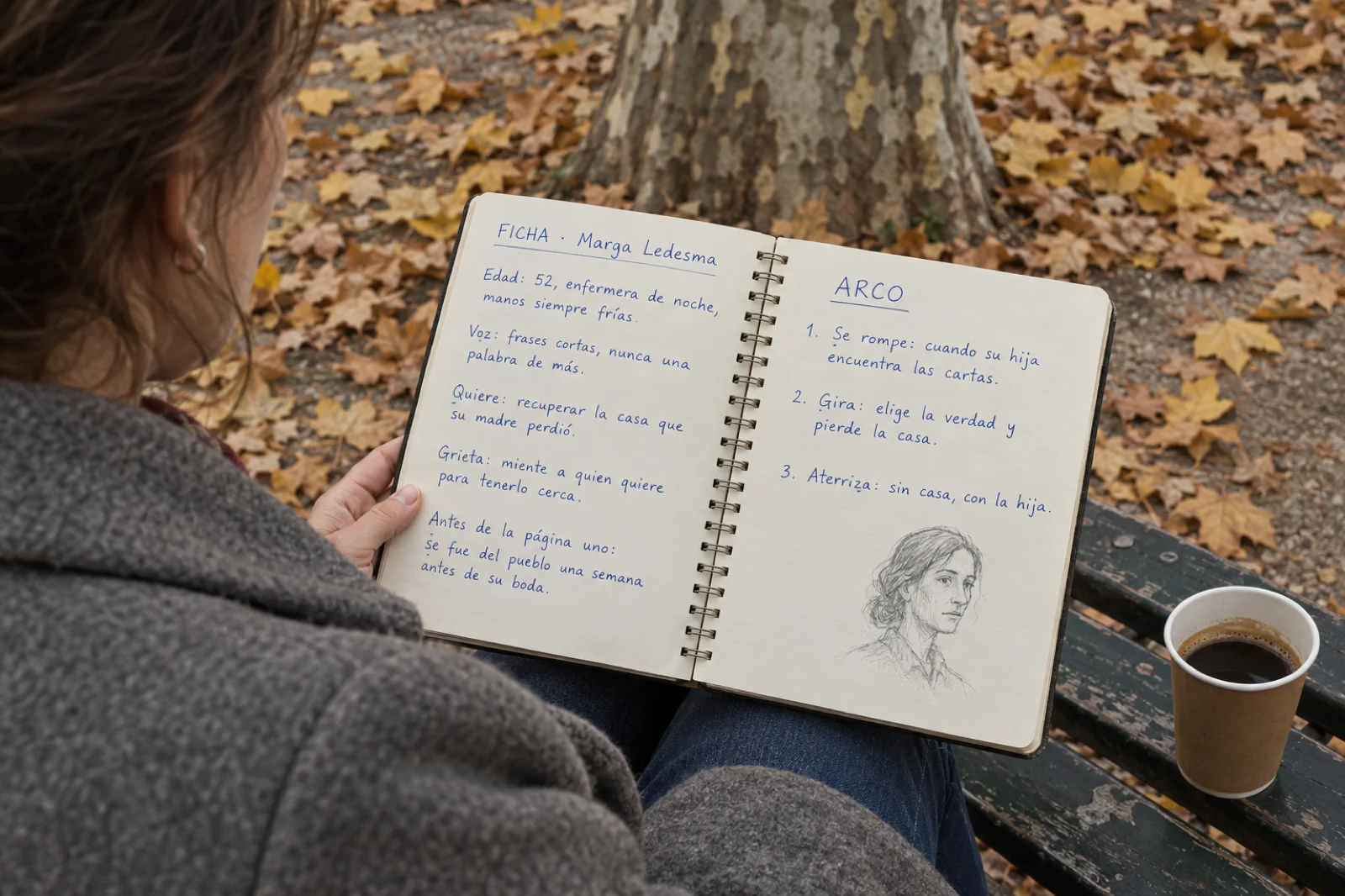 Una mujer en un banco de un parque en otoño con un cuaderno de anillas abierto sobre las rodillas; las dos páginas son legibles: a la izquierda 'FICHA · Marga Ledesma' con edad, voz, deseo, grieta y 'antes de la página uno'; a la derecha 'ARCO' con tres líneas: se rompe, gira, aterriza, y un boceto a lápiz de una cara