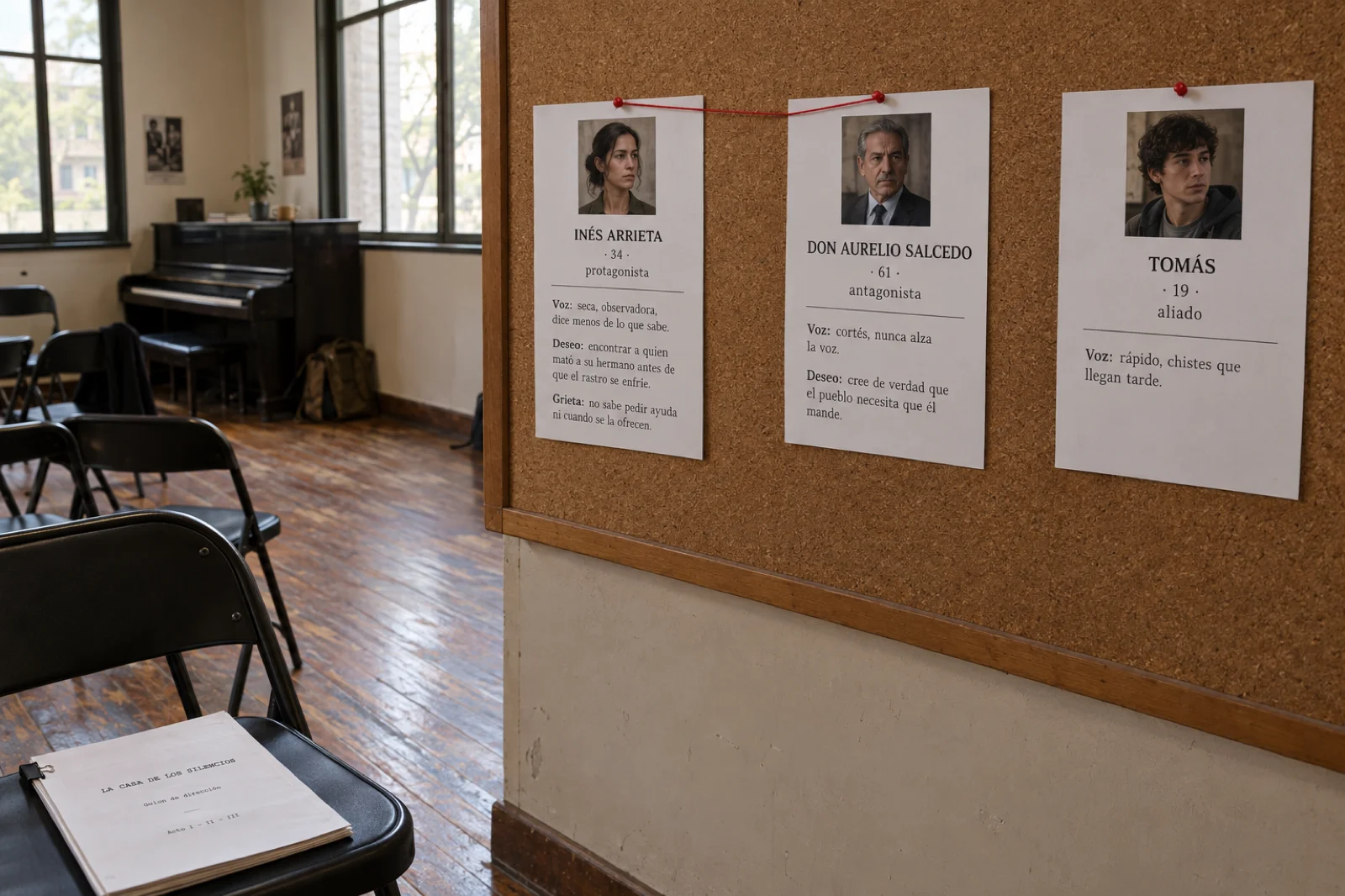 Sala de ensayo de un teatro con un corcho lleno de fichas de personaje impresas y legibles: 'INÉS ARRIETA · 34 · protagonista', con su voz, su deseo y su grieta; 'DON AURELIO SALCEDO · 61 · antagonista'; 'TOMÁS · 19 · aliado'; hilo rojo entre dos fichas, sillas plegables y un piano al fondo