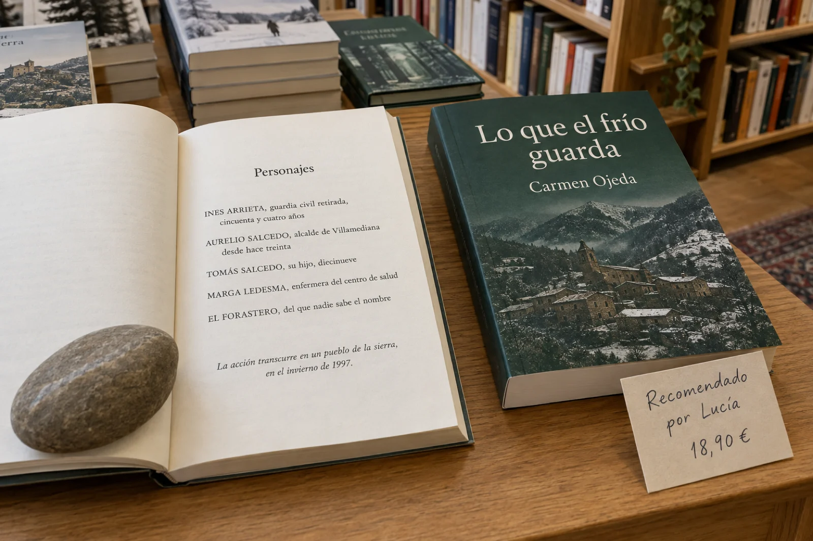 Mesa de novedades de una librería con una novela abierta por la página 'Personajes', legible: 'INÉS ARRIETA, guardia civil retirada, cincuenta y cuatro años', 'AURELIO SALCEDO, alcalde de Villamediana desde hace treinta', 'TOMÁS SALCEDO, su hijo, diecinueve', 'MARGA LEDESMA, enfermera del centro de salud', 'EL FORASTERO, del que nadie sabe el nombre'; al lado, el ejemplar cerrado, 'Lo que el frío guarda · Carmen Ojeda', con una tarjeta 'Recomendado por Lucía, 18,90 €'